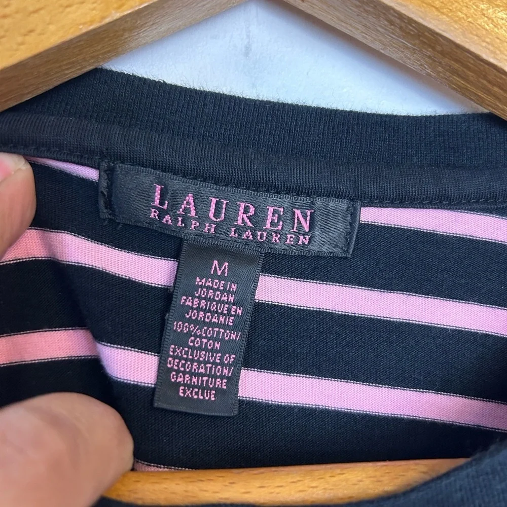 Lauren Ralph Lauren Black Label Sz M Black-Pink Striped Long‎ Sleeve Blouse top